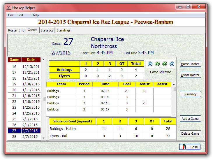 [ Hockey Helper games window ]