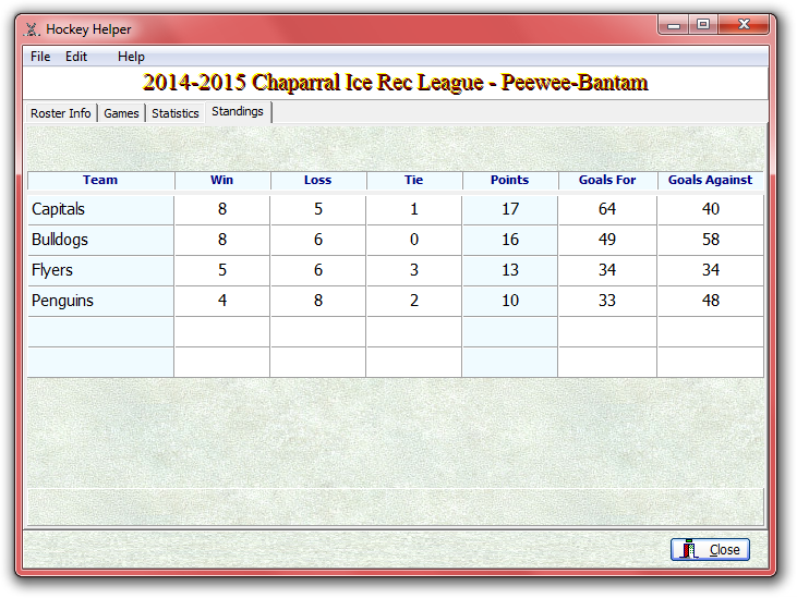 [ Hockey Helper league standings window ]