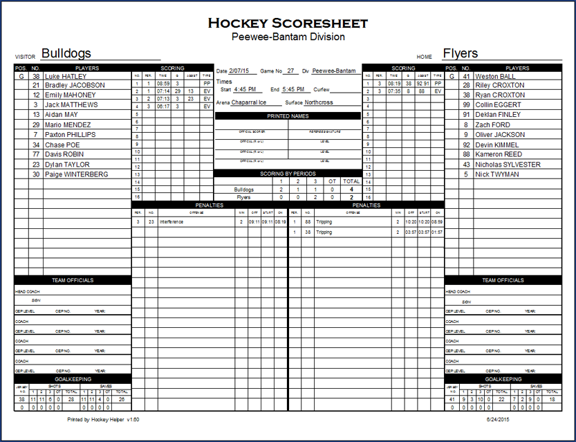 [ Hockey Helper game scoresheet window ]